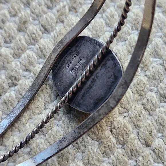 Vintage Navajo Oval Turquoise Green Stone Sterling Silver Cuff Twist Bracelet - Picture 8 of 9